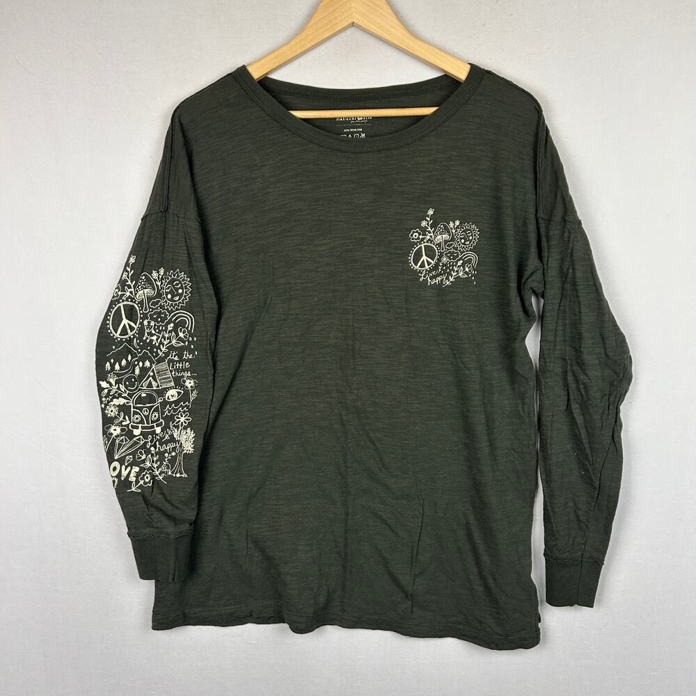 Natural Life Women's Long Sleeve Charcoal Cotton Live Happy Doodle Tee Size XS